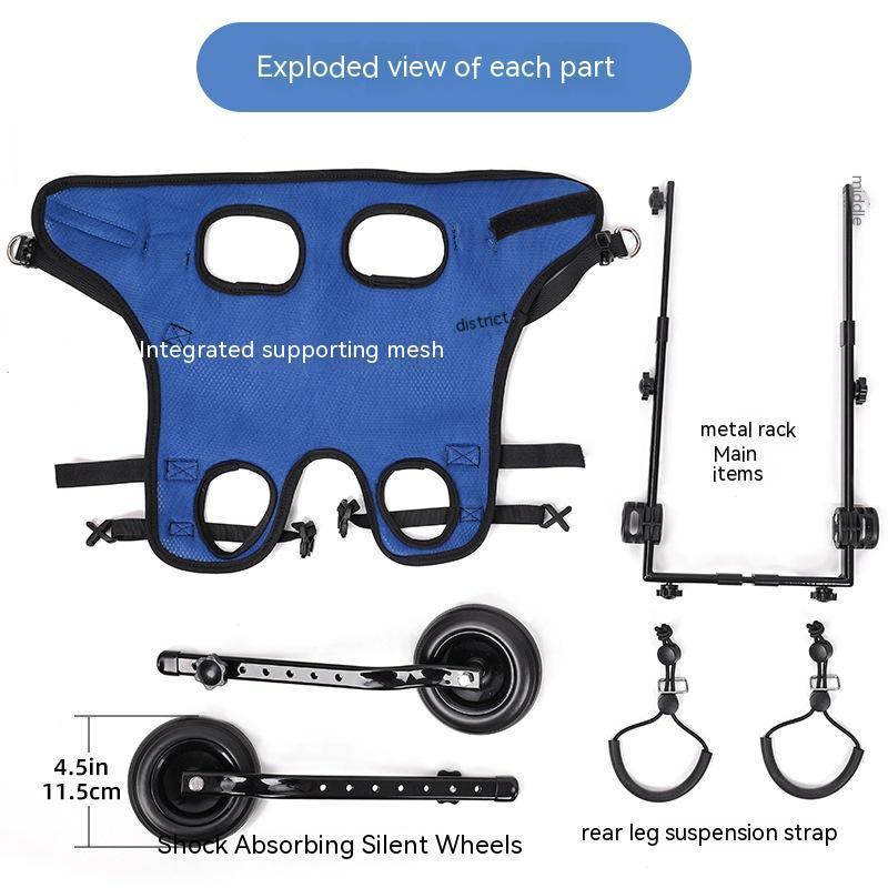 Dog wheelchair parts: blue mesh vest, metal rack, shock wheels, and leg straps.