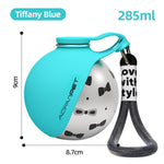 Portable stainless steel pet water cup, blue with paw graphic and carry strap