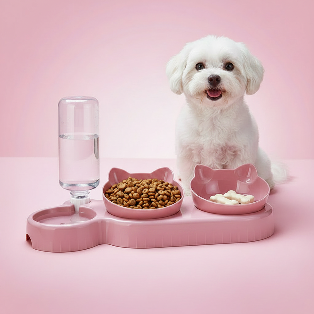Pink pet feeding station with auto water dispenser and two raised food bowls