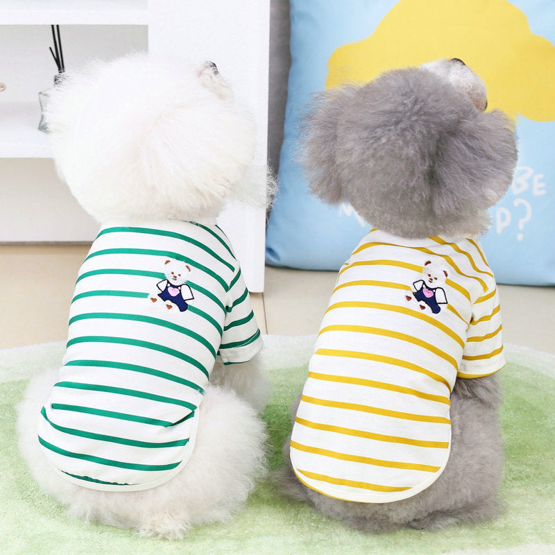 Small dog t-shirt, yellow and white striped design with bear graphic, rear view