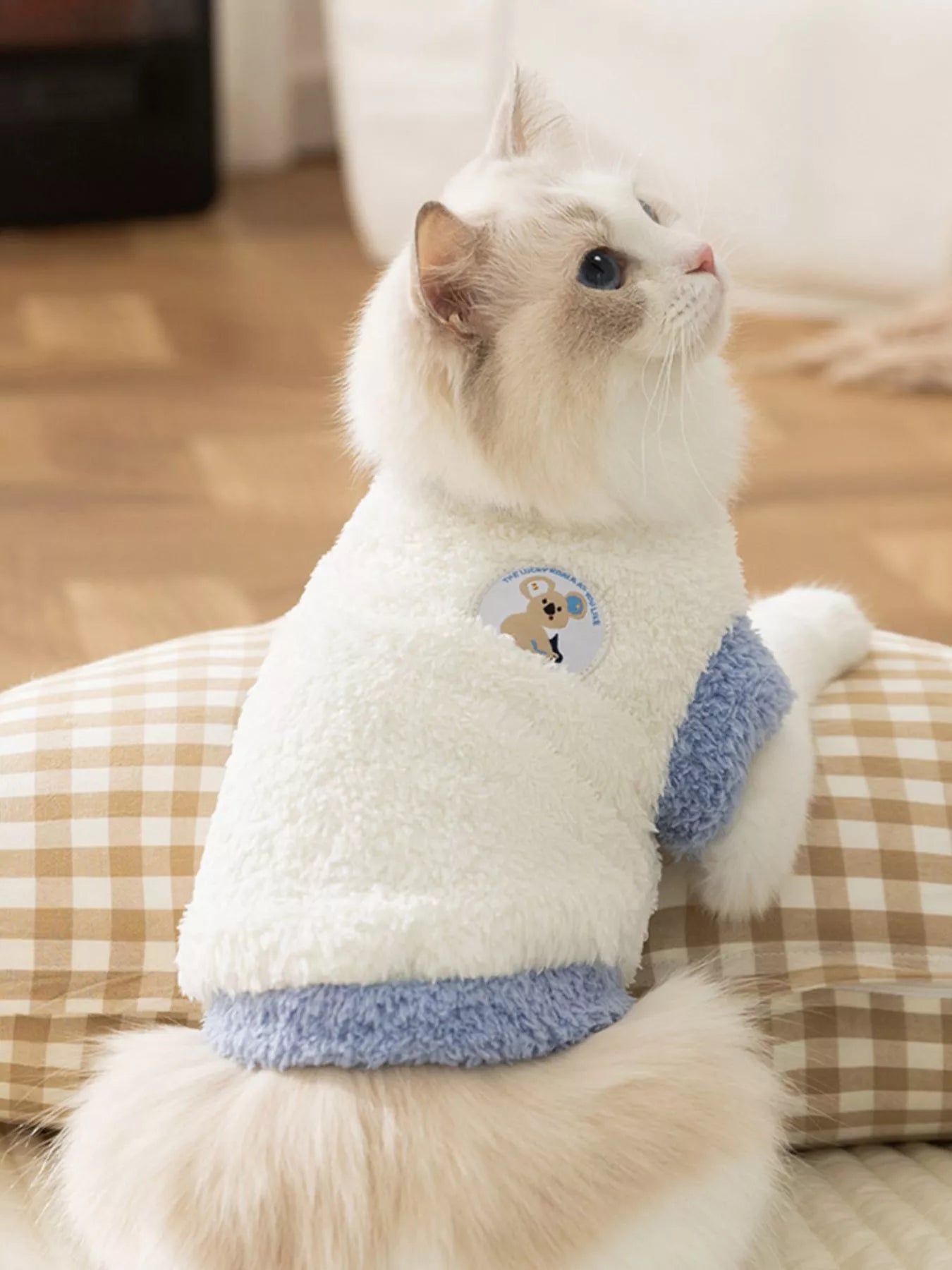 White plush pet sweater with light-blue cuffs and cute patch badge