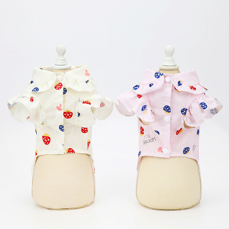 Cream pet shirt with ruffle collar and red/blue mushroom pattern for small dogs