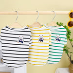 Small dog t-shirts on hangers, striped black, yellow, and green with bear graphic