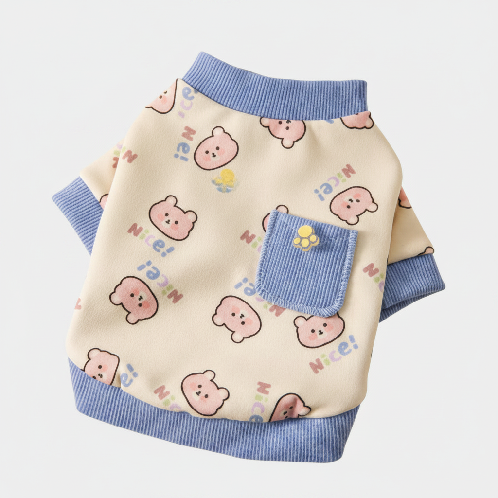 Cream fleece pet sweatshirt with blue ribbed trim and paw-print chest pocket