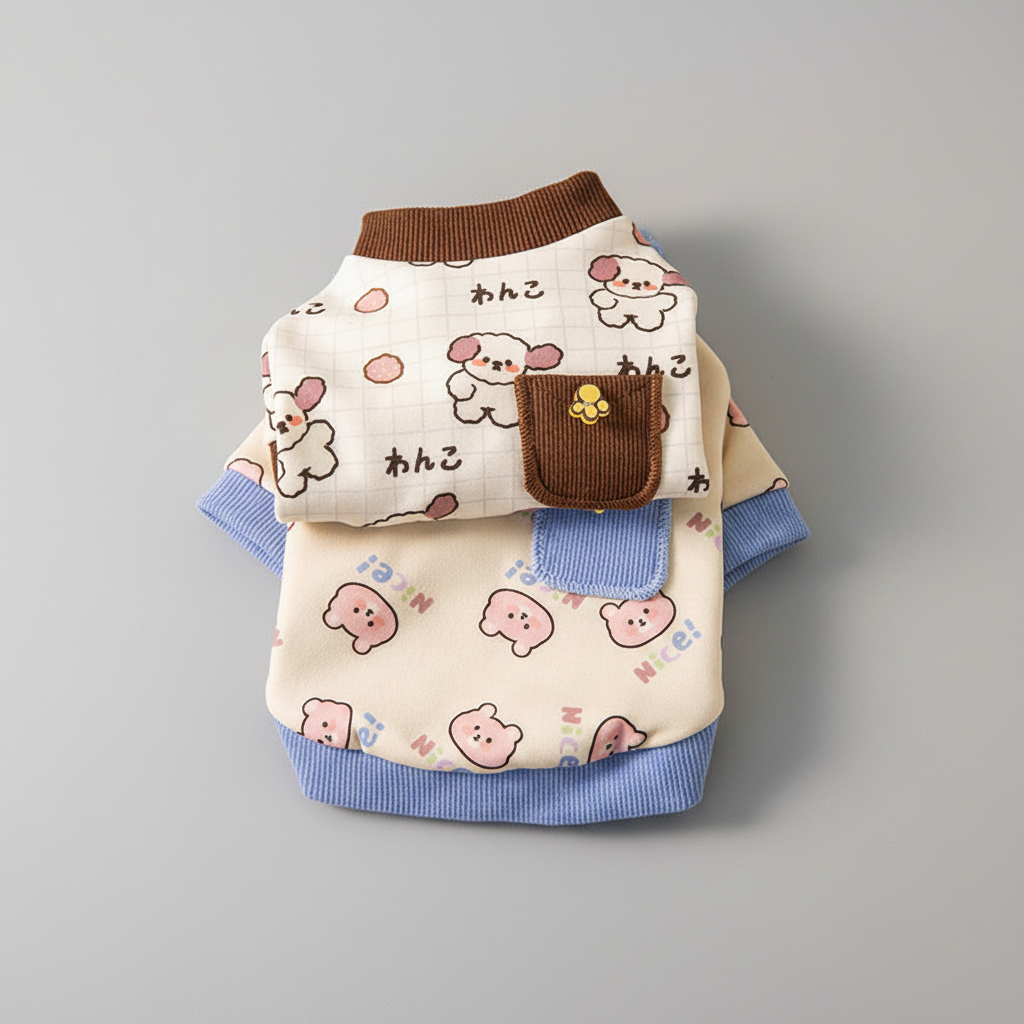 Fleece pet sweatshirt with brown ribbed collar, pocket detail, and blue cuffs