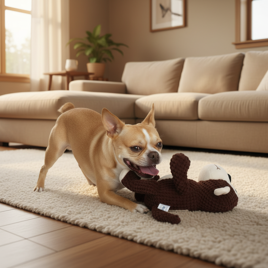 Brown plush animal doll toy for pets with ropey texture and small stitched eyes