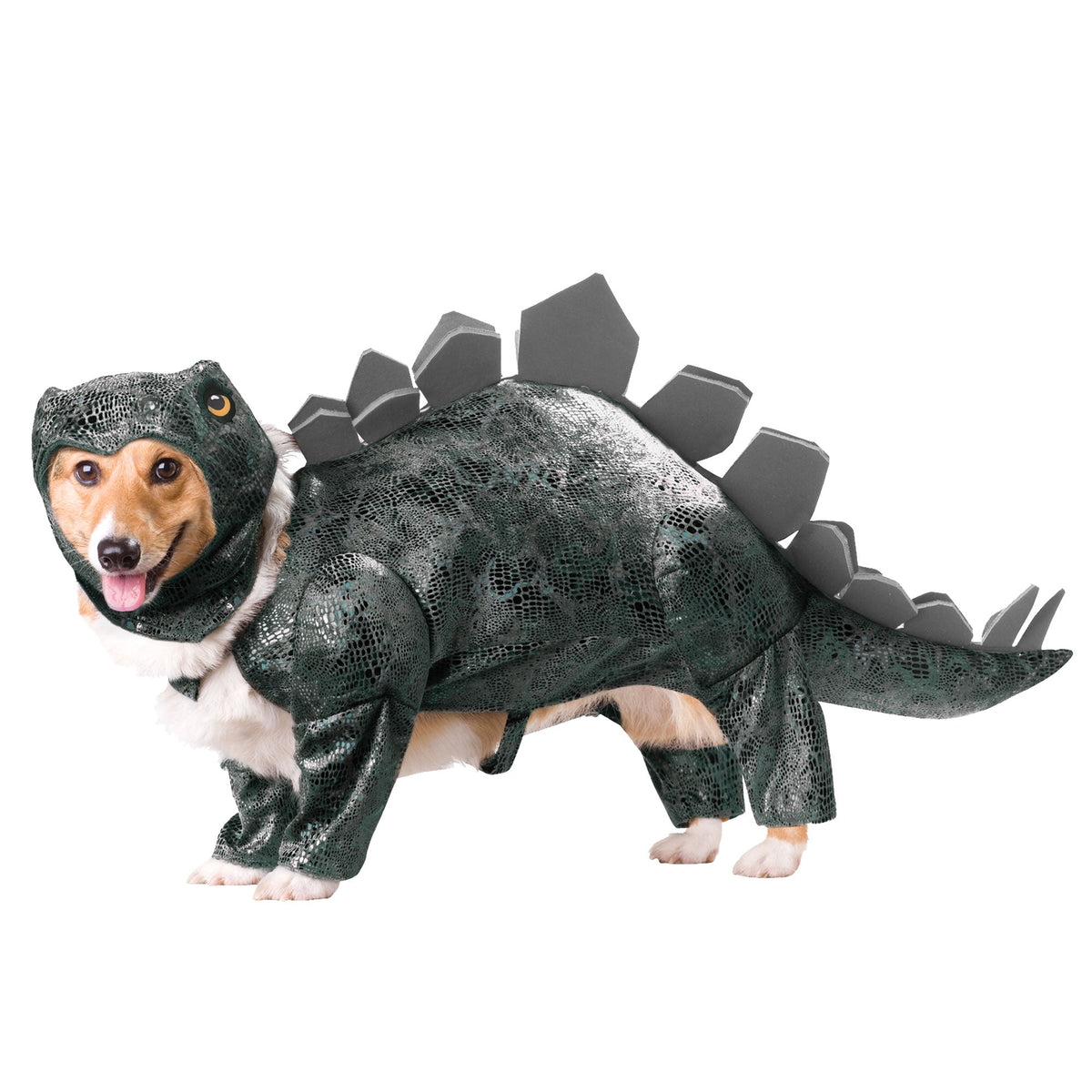 Stegosaurus dog costume, dark green textured jumpsuit with tail and spiked back plates