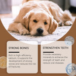 Golden retriever lying down with strong-bones and strengthen-teeth supplement cards