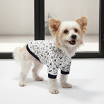 Dog casual polyester shirt, white with navy icon pattern, dark ribbed cuffs
