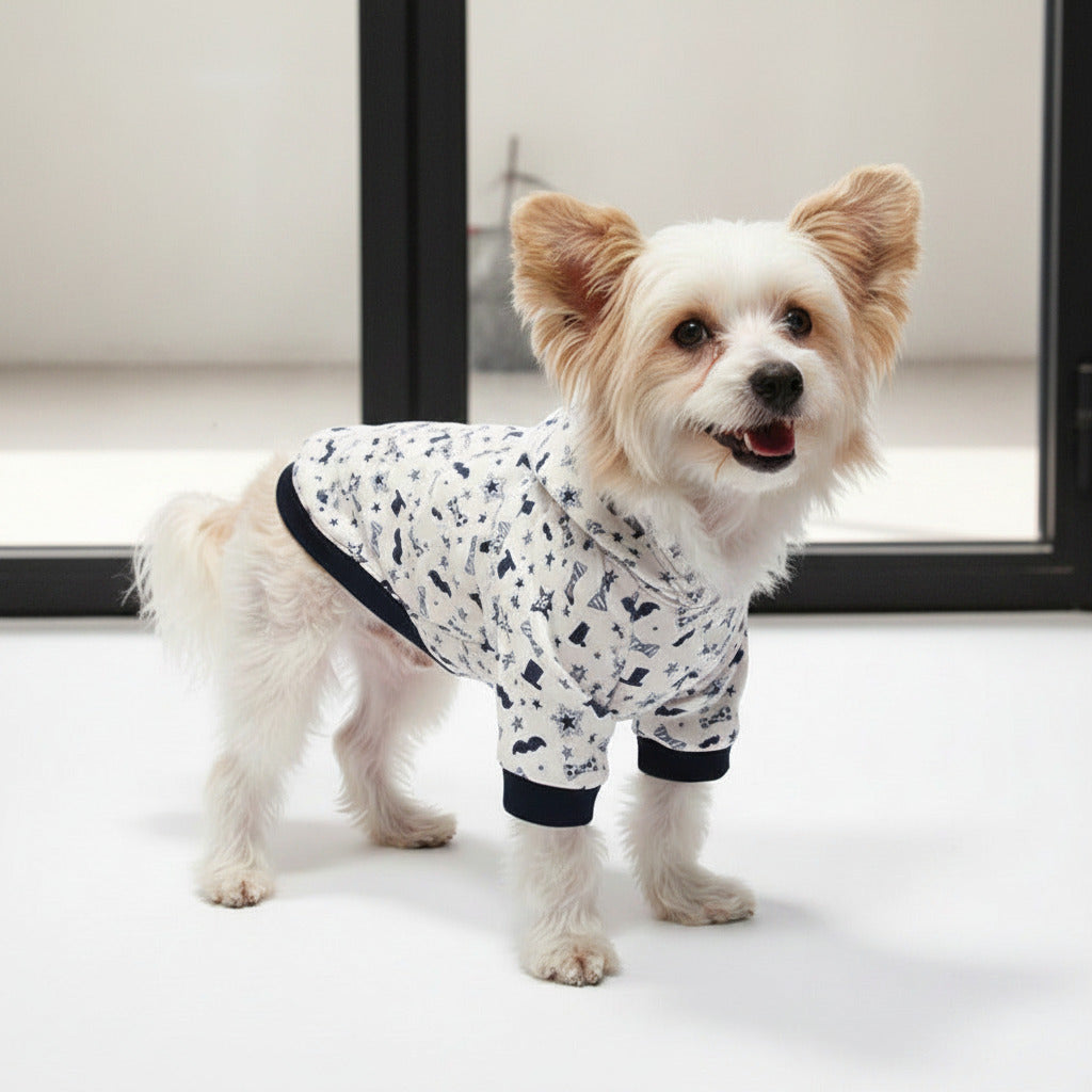 Dog casual polyester shirt, white with navy icon pattern, dark ribbed cuffs
