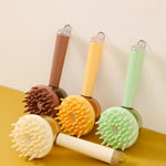 3-in-1 pet bath brush set with round heads in brown, yellow, and green