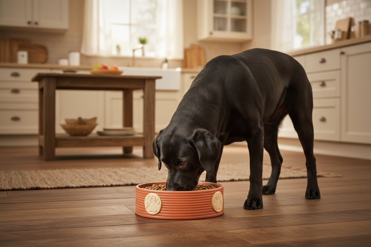 Large pet food bowl in terracotta orange with embossed paw print pattern
