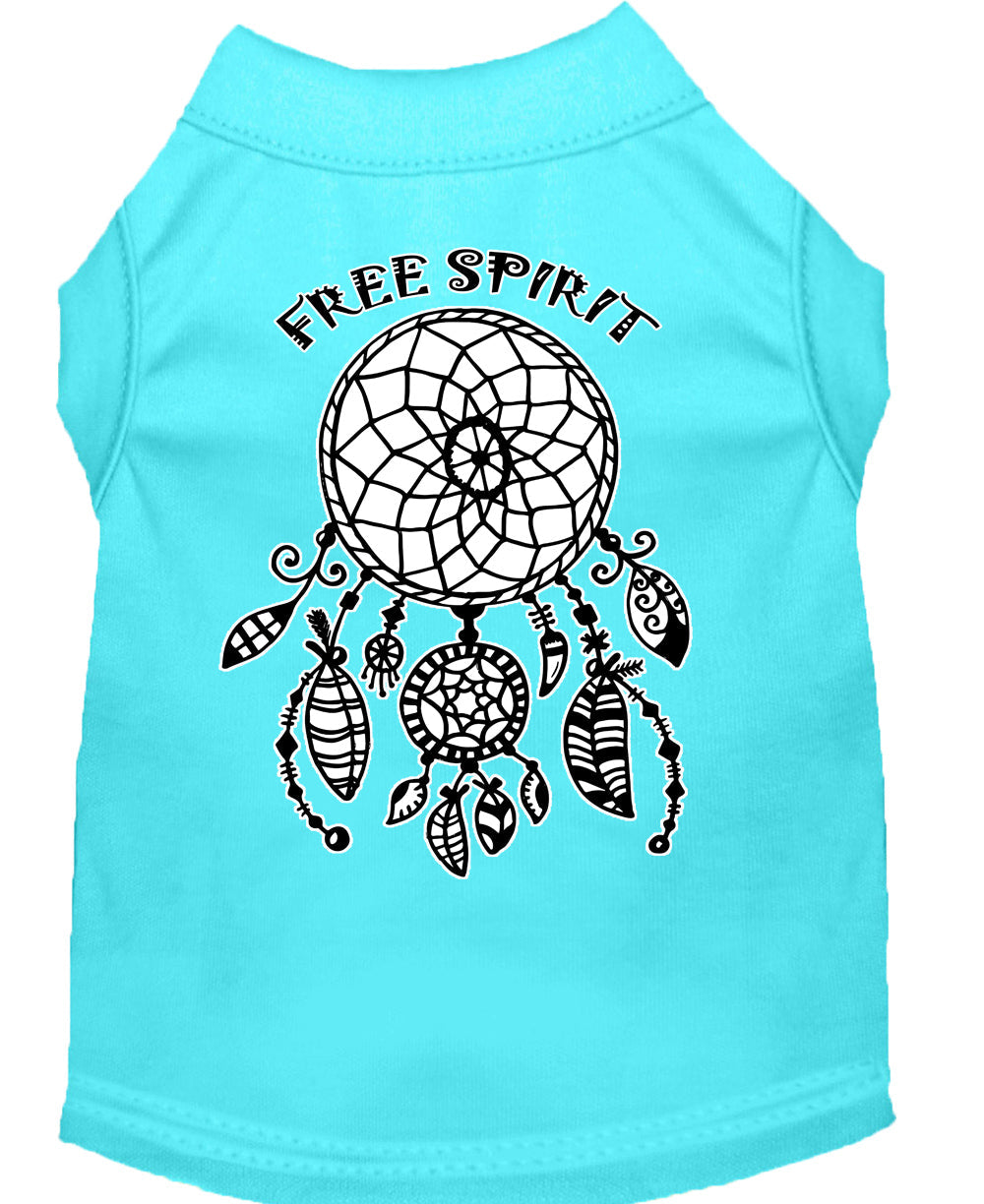 Aqua pet shirt with dreamcatcher graphic and “Free Spirit” text on back