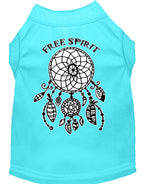 Aqua pet shirt with dreamcatcher graphic and “Free Spirit” text on back