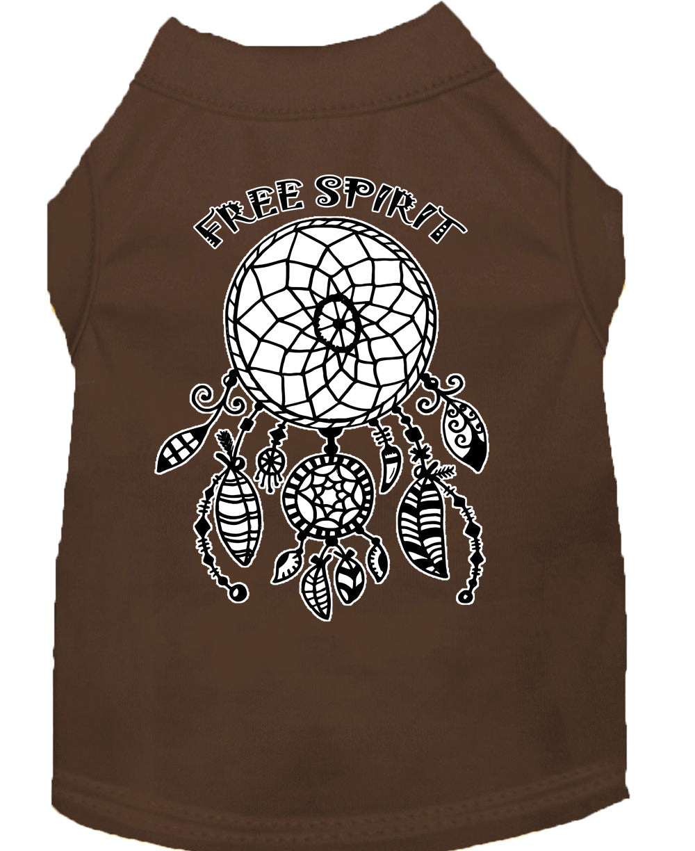 Brown pet shirt with dreamcatcher graphic and “Free Spirit” text on back