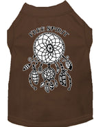 Brown pet shirt with dreamcatcher graphic and “Free Spirit” text on back