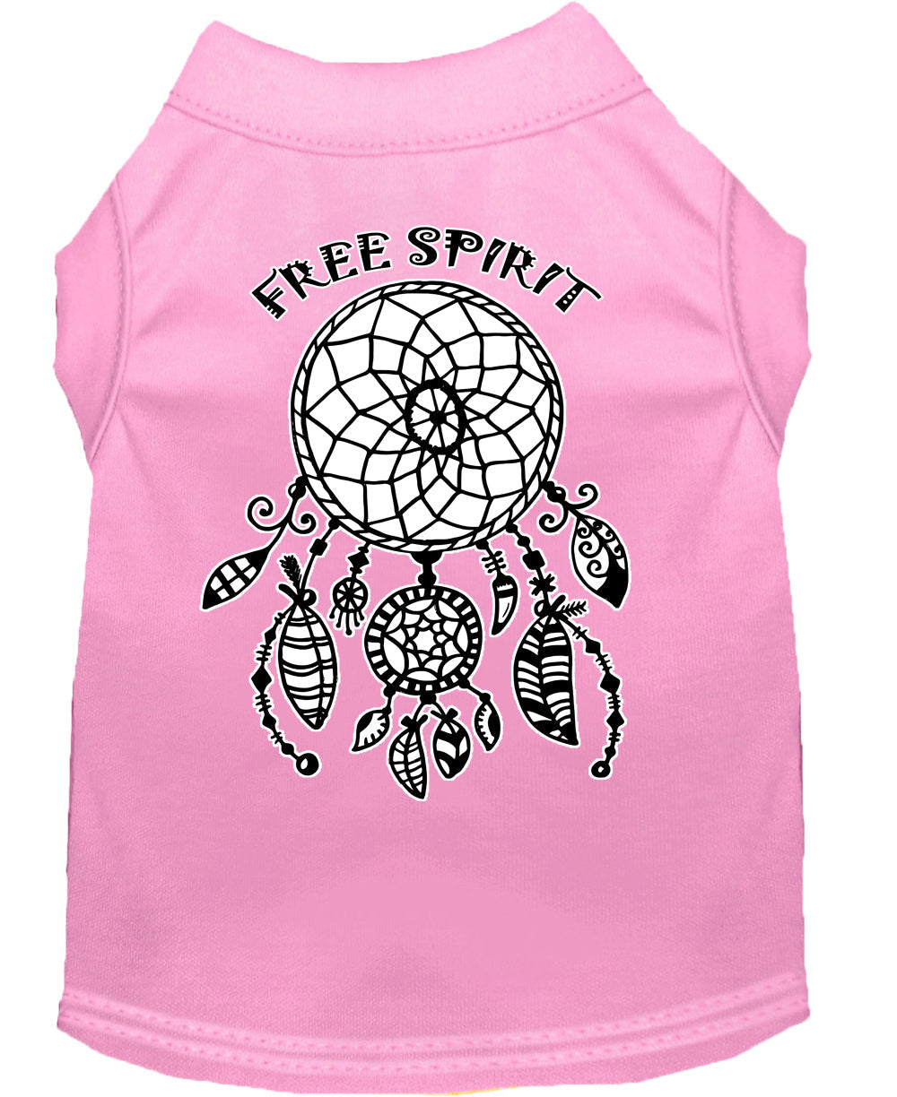 Pink pet shirt with dreamcatcher graphic and “Free Spirit” text on back