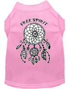 Pink pet shirt with dreamcatcher graphic and “Free Spirit” text on back