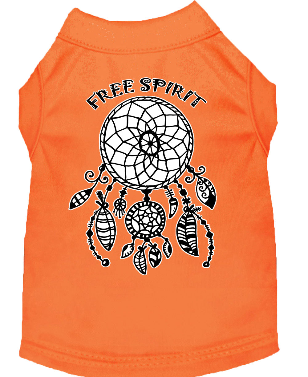 Orange pet shirt with dreamcatcher graphic and “Free Spirit” text on back