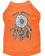 Orange pet shirt with dreamcatcher graphic and “Free Spirit” text on back