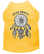Yellow pet shirt with dreamcatcher graphic and “Free Spirit” text on back