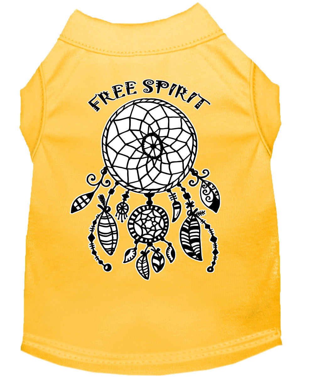 Yellow pet shirt with dreamcatcher graphic and “Free Spirit” text on back