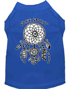 Blue pet shirt with dreamcatcher graphic and “Free Spirit” text on back