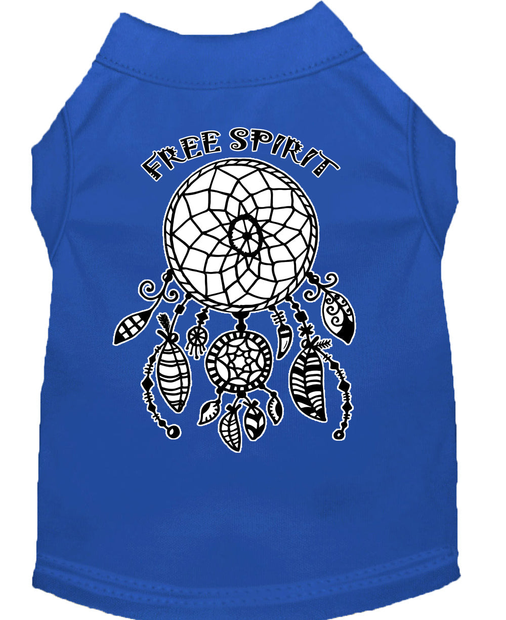 Blue pet shirt with dreamcatcher graphic and “Free Spirit” text on back