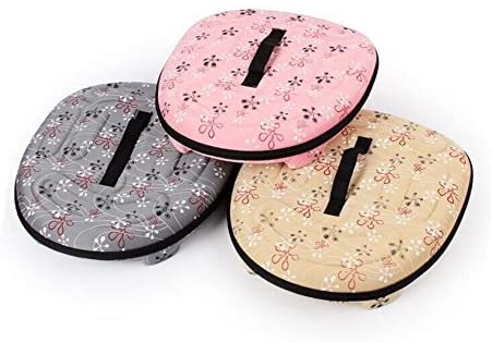 Foldable pet carrier lids with floral fabric, pink, gray, and beige round covers