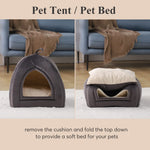 Gray pet tent bed with arched entrance and cream removable cushion