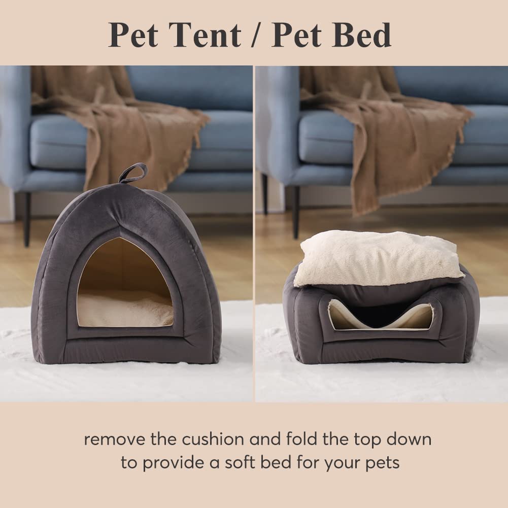 Gray pet tent bed with arched entrance and cream removable cushion