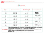 Pet sweater size chart showing XS–XL chest, back length, and recommended weight