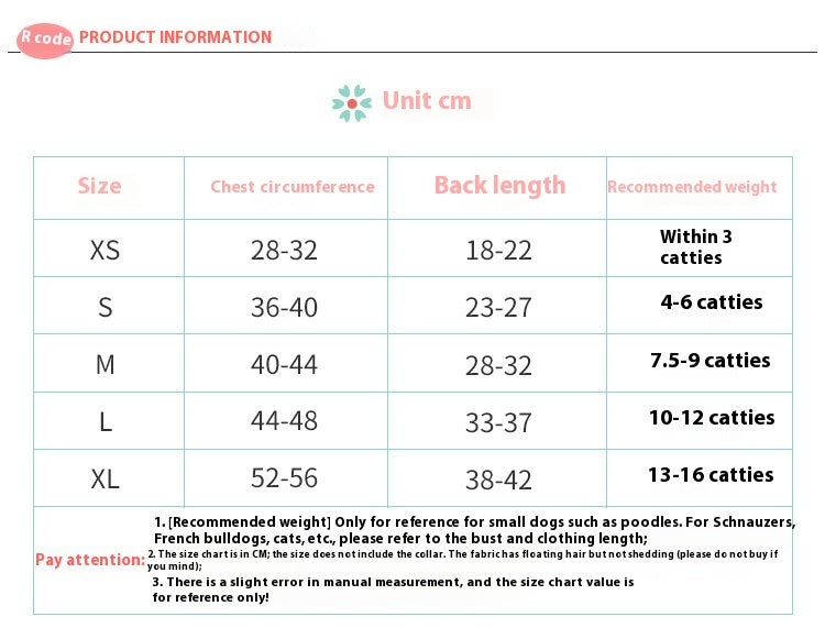 Pet sweater size chart showing XS–XL chest, back length, and recommended weight