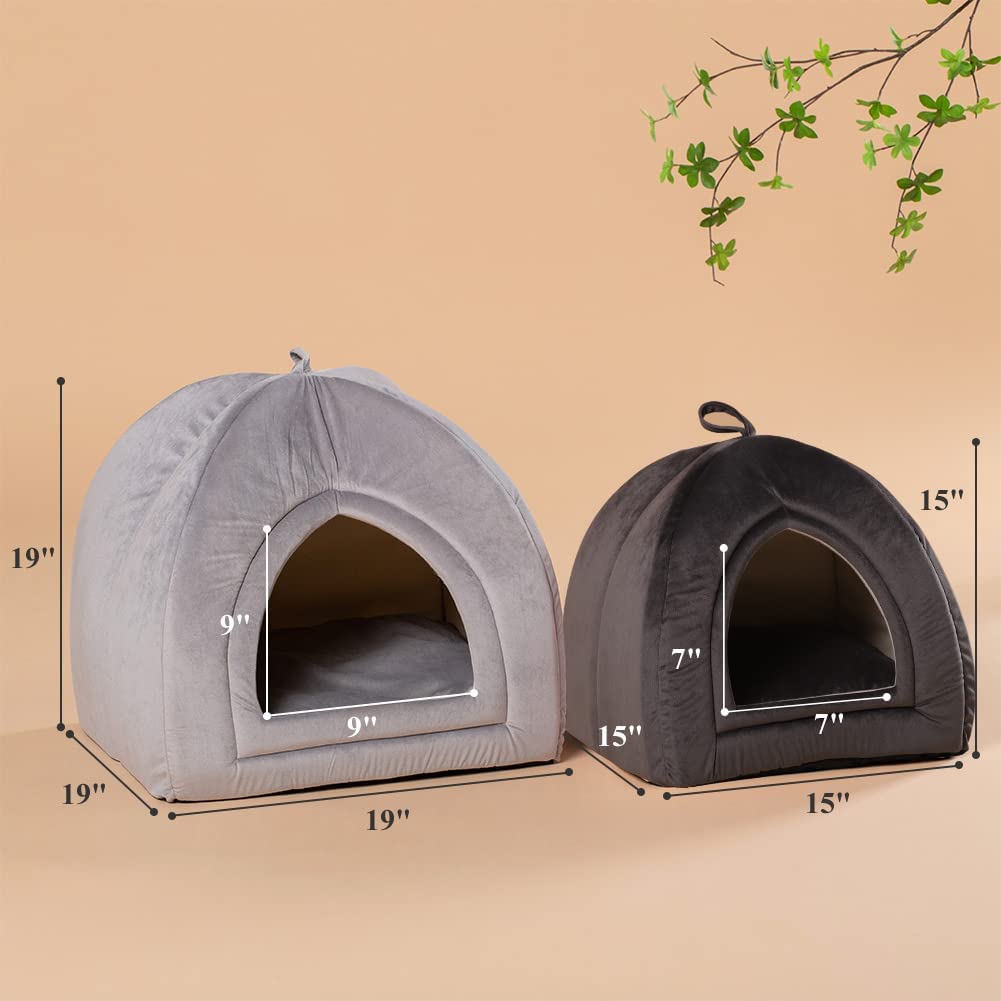 Size guide for gray and black arched cat bed cushions; dimensions shown on product set