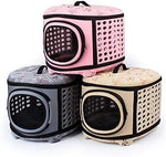 Foldable pet carrier handbags in pink, gray, and beige with mesh front panels