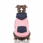 Dog sweater with pocket patch, pink knit body and navy hood