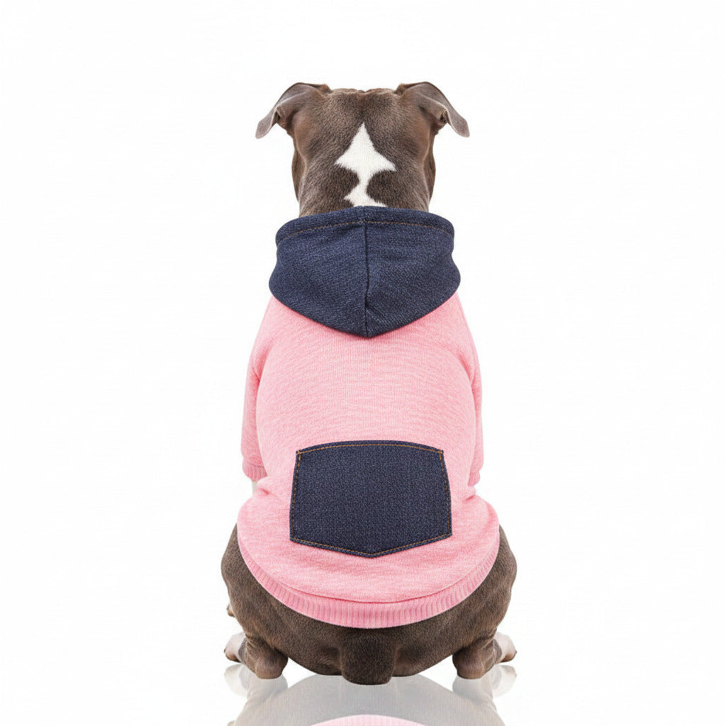 Dog sweater with pocket patch, pink knit body and navy hood