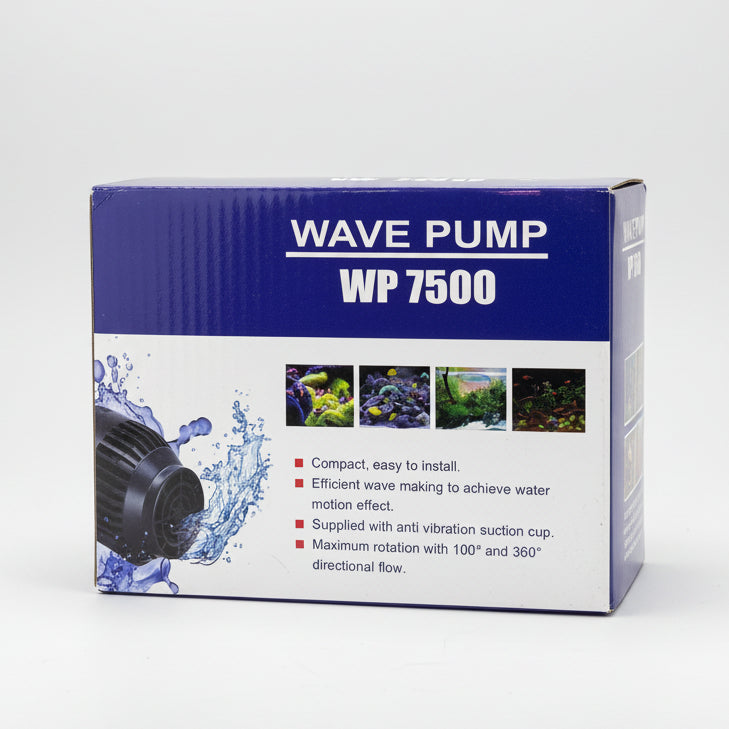Wave pump WP7500 retail box with blue packaging and aquarium wave pump graphics