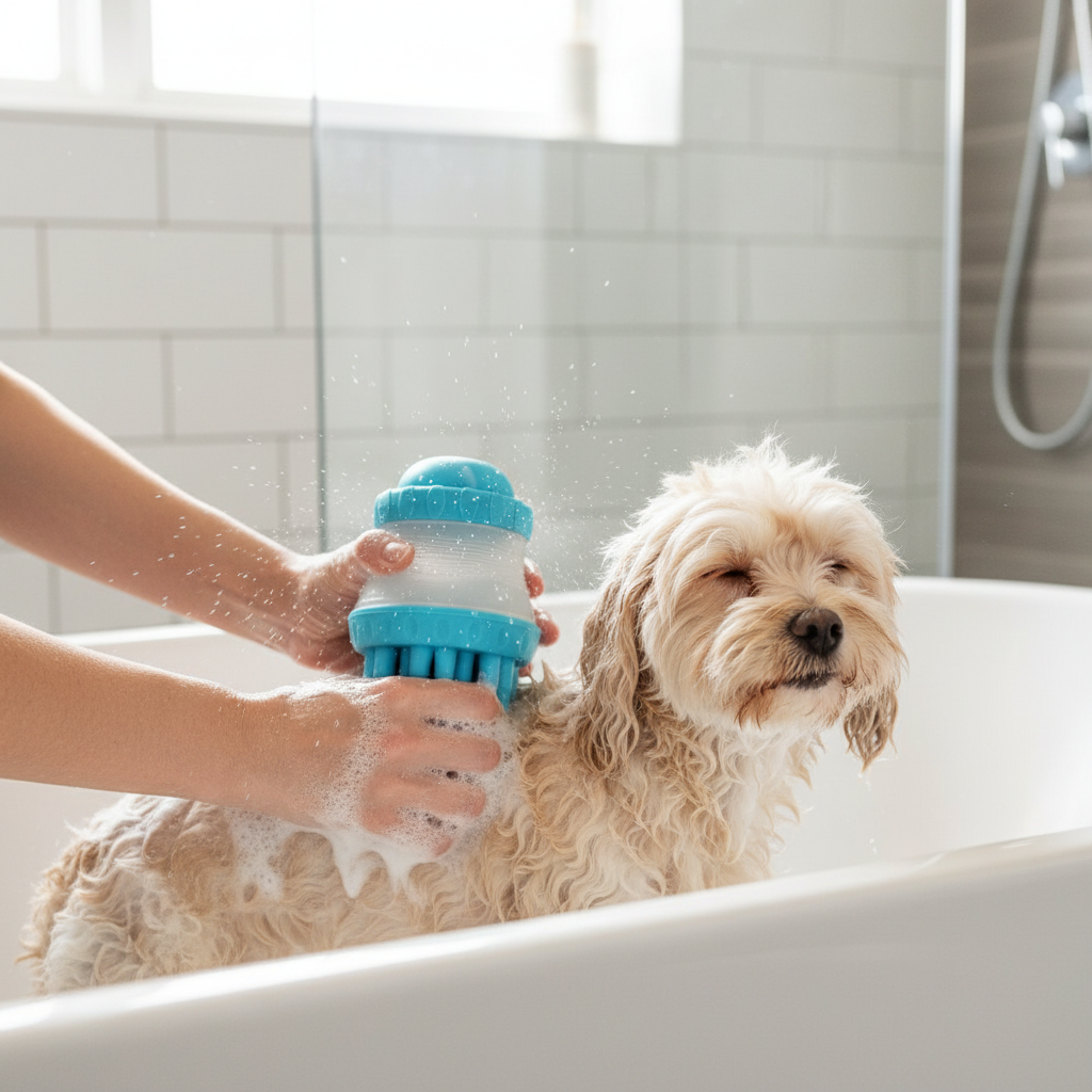 2-in-1 silicone pet washing brush with blue shampoo dispenser, rubber bristles