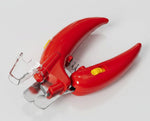 Red LED pet nail clippers with safety guard and clear blade guard, close-up view