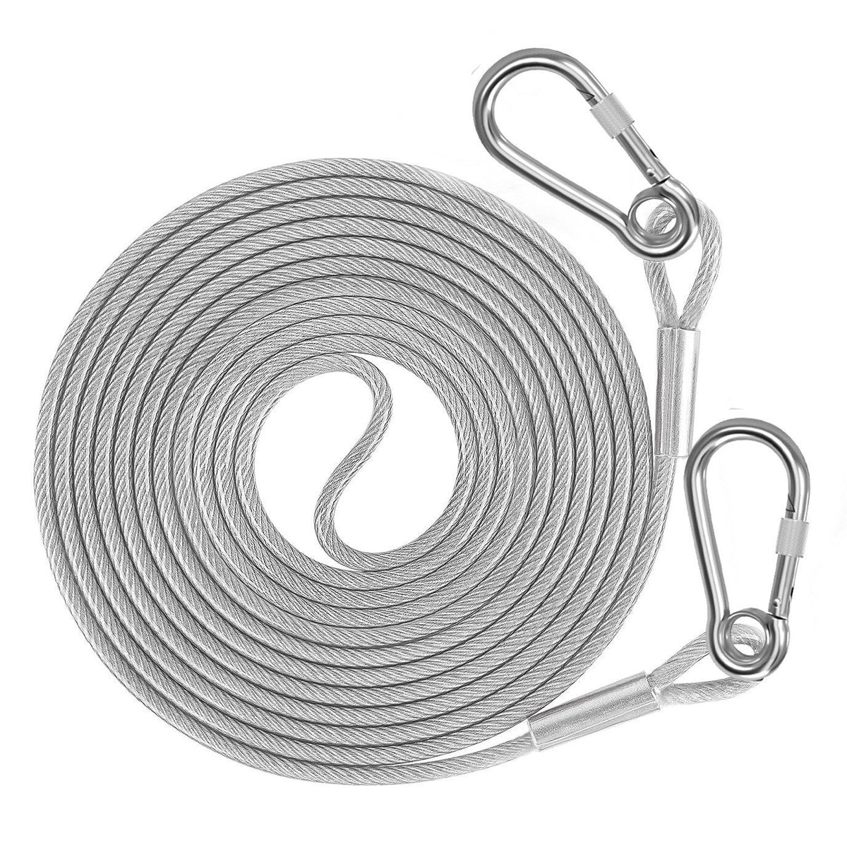 Coiled gray steel rope dog leash with two stainless carabiner hooks