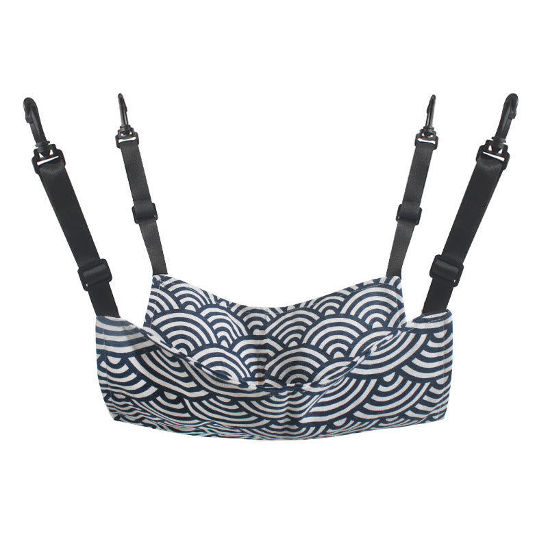 Cat hanging hammock bed with black straps, blue wave-pattern cushion