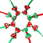 Assorted Christmas bow ties for pets with red and green holiday prints on bands