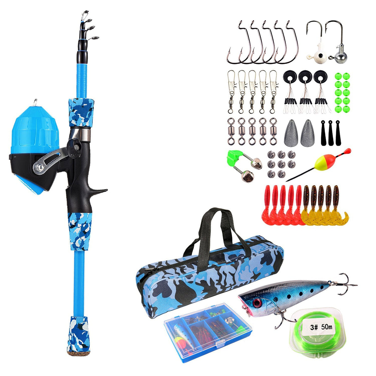 Kids fishing pole starter kit with blue spincast rod, tackle bag, lures, hooks, and line