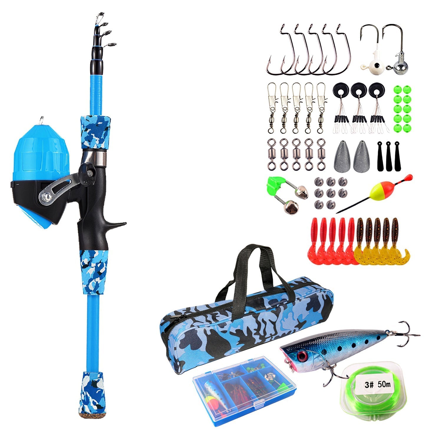 Kids fishing pole starter kit with blue spincast rod, tackle bag, lures, hooks, and line