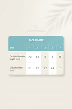 Size chart for pet dog shoes showing outside length and width in cm