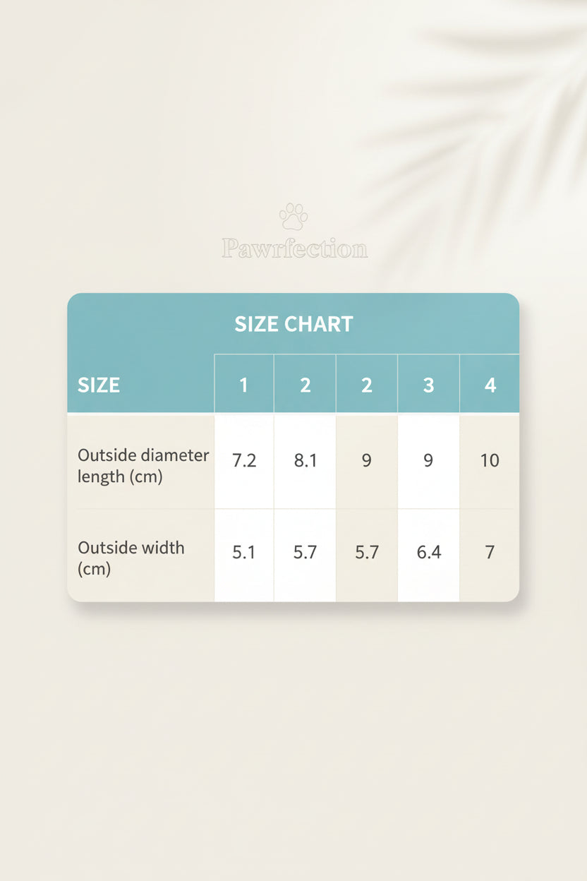 Size chart for pet dog shoes showing outside length and width in cm