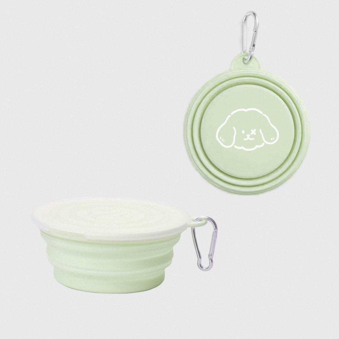Green foldable pet travel bowl set with stacked bowls and hanging carabiner