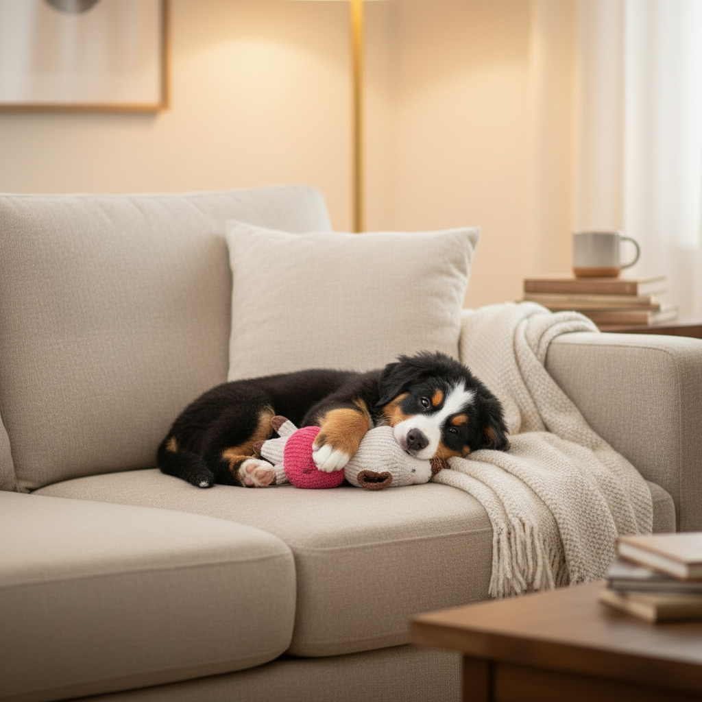 Plush cow squeaky toy (pink snout, brown ears) held by a dog
