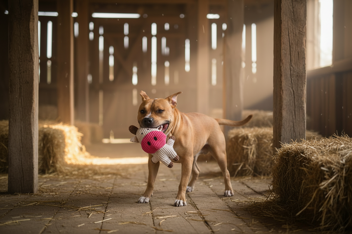 Dog carrying plush cow squeaky toy with pink snout and brown ears